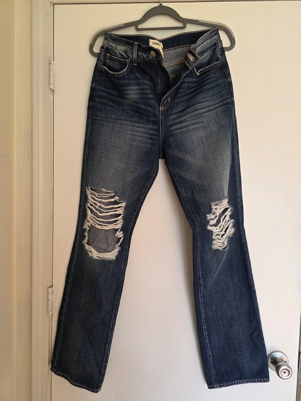 L'AGENCE Dark Blue Distressed Flare Jeans